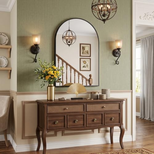 22"x30" Matte Black Arched Vanity Bathroom Mirror, Set of 2