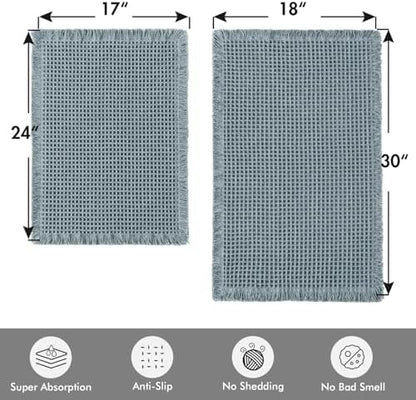 MIULEE Set of 2 Waffle Bathroom Rugs Dusty Blue Bath Mat 17"x24"+18"x30"
