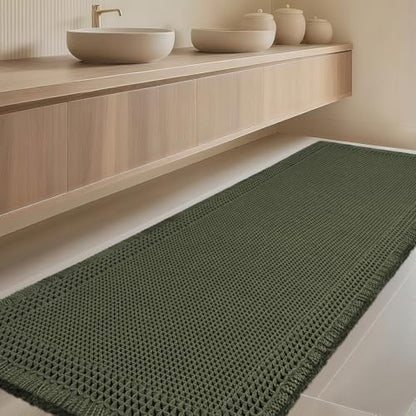 Extra Large Waffle Bath Mat, Boho Woven Modern Bath Rug Absorbent Non Slip, Ultra Soft Bathroom Mats, Machine Washable Knit Bath Rugs with Border for Bathroom, Bedroom, Kitchen, Tub, 5'x2', Dark Green