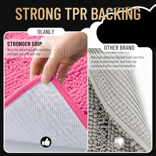 OLANLY Thick Bathroom Rugs 30x20, Soft Chenille Striped Bath Rugs, Hot Pink