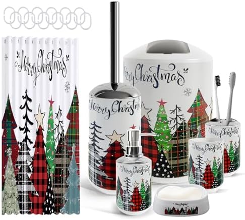 Clara Clark Bathroom Set - Christmas Shower Curtain Set, 19PC Bathroom Accessories Set, Christmas Bathroom Decor, Xmas Bathroom Accessory Set, Soap Dispenser, Toilet Brush, & Trash Can