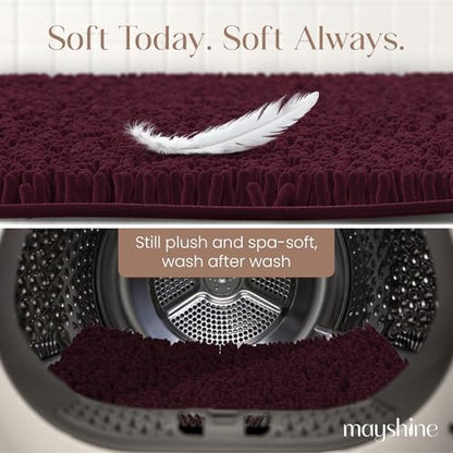 MAYSHINE Standard Plush Shaggy Chenille Bath Mat 32"x20" Extra Soft, Super Absorbent, Non-Slip Bathroom Rug | Fluffy Microfiber, Area Rug Sets for Bathroom Floor, Kitchen, Living Room | Burgundy