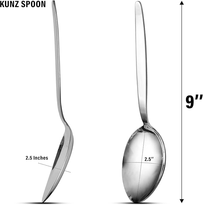 2-Pack Chef Kunz Spoon |18/10 Stainless Steel Serving Spoons | 9 Inch Basting Quenelle Chef Cooking Utensils Dinner Plating Spoon (Regular & Slotted Set)