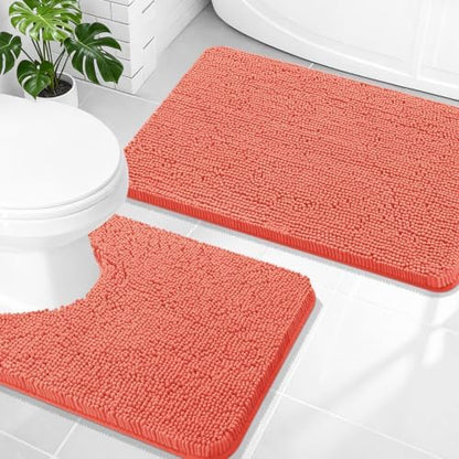 OLANLY Chenille Bathroom Rugs Mats Sets 2 Piece, 30"x20"+24"x20", Coral