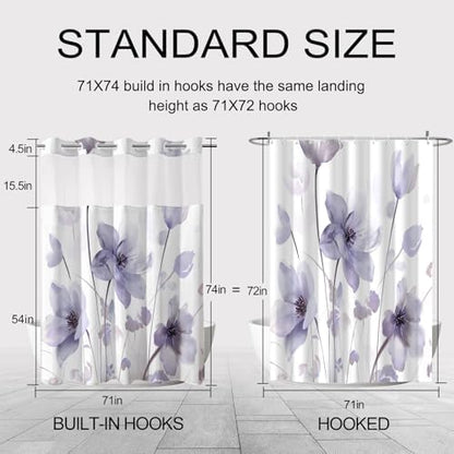 No Hook Shower Curtain and Liner Set, Purple Boho Floral 71x74