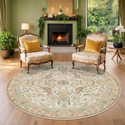 Hazo Haus Beige 6ft Round Rug for Living Room - Floral Circle Area Rug for Bedroom Kids Room, Home Office, Washable Low Pile Non Slip, Vintage Beige Taupe Botanical & Bird Pattern, Boho Indoor Décor