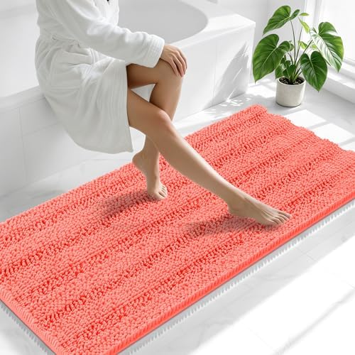 Smiry Thick Chenille Bathroom Runner Rugs 59x24, Absorbent Bath Mat, Coral