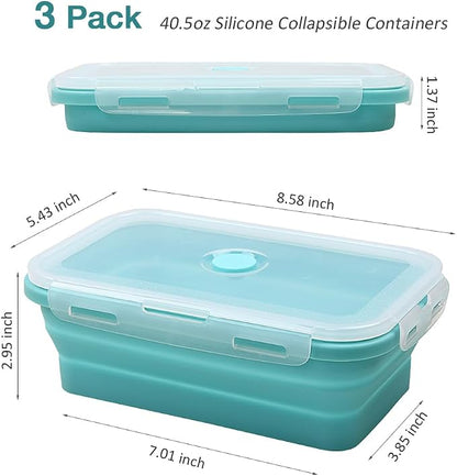 Alimat PluS 40.5oz Large Silicone Food Storage Containers, 3 Pack Set 1200ml Collapsible Food Storage Containers with Lids, Microwave, Freezer and Dishwasher Safe(Blue)