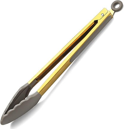 Gold Cooking Tongs, Berglander Heavy Duty Food Tongs For Cooking With Silicone Tips And Titanium Gold Plating Handle, Kitchen Tongs, Grill Tongs, Dishwasher Safe, Easy to Clean