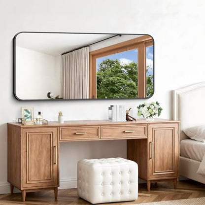 Black Bathroom Mirror, 66x30 inch Aluminum Metal Frame Rectangular Vanity Mirror, Large Wall Mounted Rectangle Mirrors with Rounded Corner for Over Sink Bedroom Living Room Horizontal/Vertical