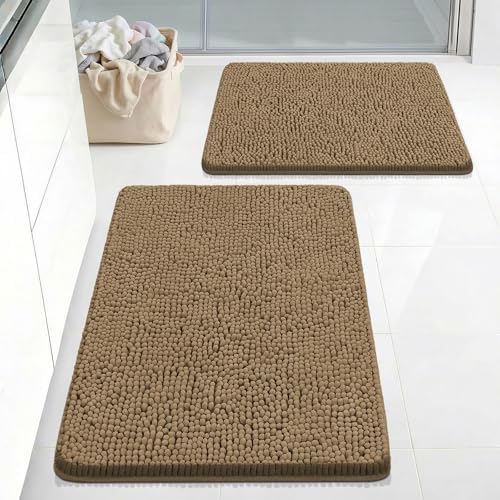 Bcoimo Bath Rug Mat Sets,2 Piece Extra Soft Chenille Tan Bathroom Mat Set