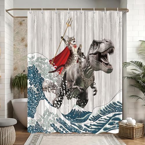 Funny Cat Shower Curtain, Cool Cat Dinosaur Japanese Ocean Wave Shower Curtain, Cat Riding Dinosaur Fun Shower Curtain Nautical Kids Children Rustic Wooden Farmhouse Shower Curtain, 47X64inch, Brown