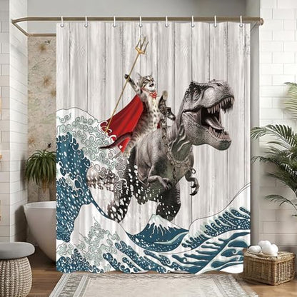 Funny Cat Shower Curtain, Cool Cat Dinosaur Japanese Ocean Wave Shower Curtain, Cat Riding Dinosaur Fun Shower Curtain Nautical Kids Children Rustic Wooden Farmhouse Shower Curtain, 47X64inch, Brown