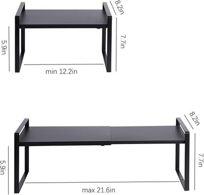 Expandable Cabinet Shelf Organizer Riser for Kitchen Pantry Cupboard Under Sink Countertop (black, 8.2’’D * 12.2-21.6’’W * 7.7’’H)