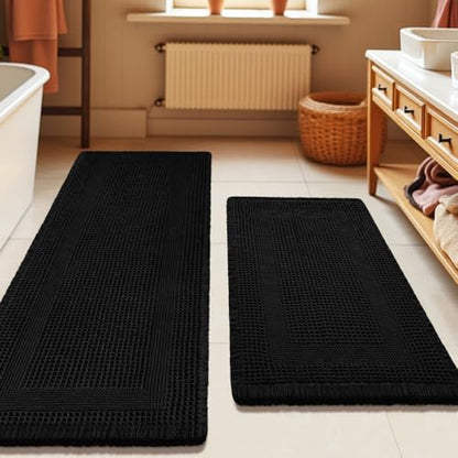 Upgrade Waffle Bath Mat Set 2 Piece , Boho Bathroom Rugs Absorbent Non Slip, Ultra Soft Bathroom Mat, Machine Washable Knit Bath Rugs with Tassels for Bathroom, Bedroom, Kitchen, Shower, Tub, Black