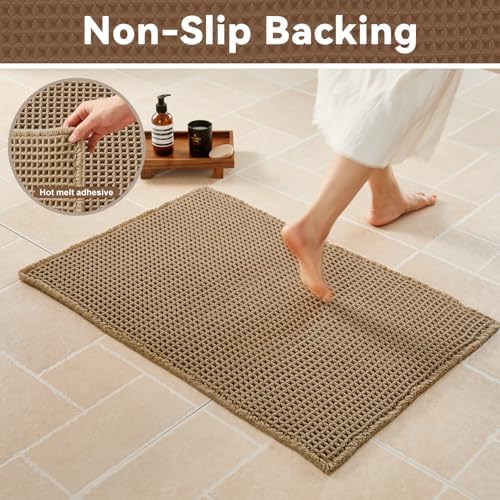 Triohero Waffle Runner Rug Bathroom, Long Boho Bath Mat, 24x72 Khaki