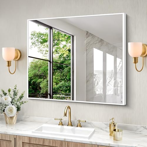 BONEWEI White Bathroom Mirror,30x36 inch Wall Mirror for Bathroom Wall Mounted,Rectangle Mirror for Bathroom Over Sink,Modern Metal Frame for Living Room,Bedroom Entryway,Horizontal/Vertical