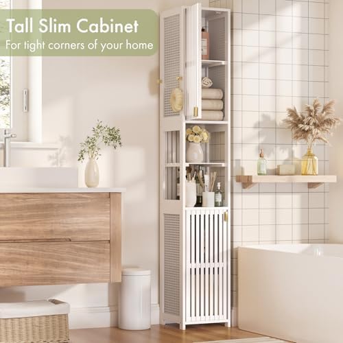 Amazer White Bathroom Storage Cabinet 70'', Bamboo Slim Storage Cabinet with Rattan Door and Adjustable Shelves, Narrow Freestanding Organizer for Living Room Kitchen