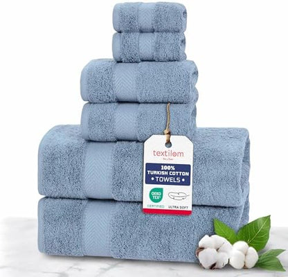 TEXTILOM 100% Turkish Cotton 6 Pcs Luxury Bath Towels for Bathroom, Soft & Absorbent Bathroom Towels Set (2 Bath Towels, 2 Hand Towels, 2 Washcloths)- Mid Blue