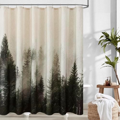 ORTIGIA Dark Green Misty Forest Linen Shower Curtain Nature Mountain Tree Woodland Shower Curtain Set for Bathroom Heavy Blend Fabric Curtains with 12 Metal Hooks 72x72 Inch