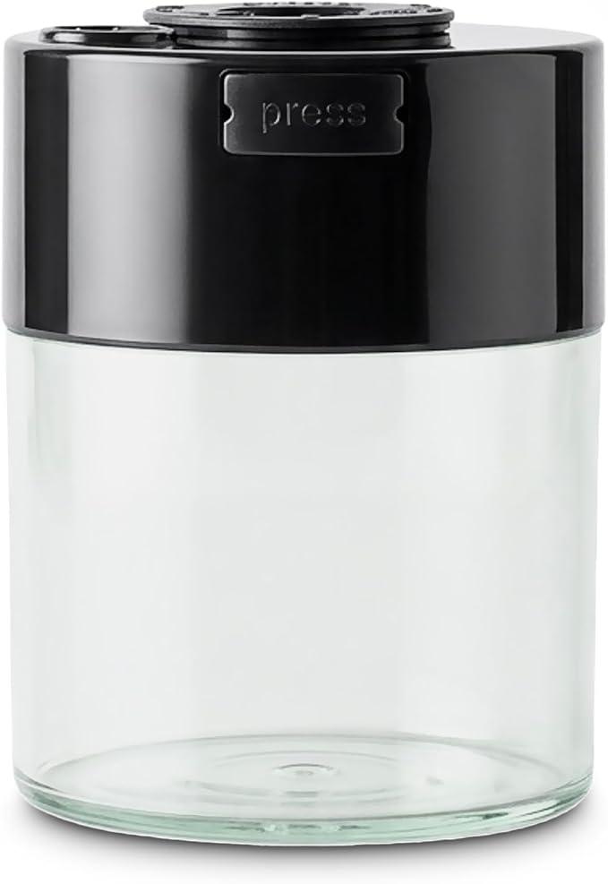 COFFEEVAC Pump It Out Airtight Coffee Container – Vacuum Storage Container for Ground Coffee Beans – Patented Vacuum Seal with Degassing Valve, 1/2 lb, Black/Clear