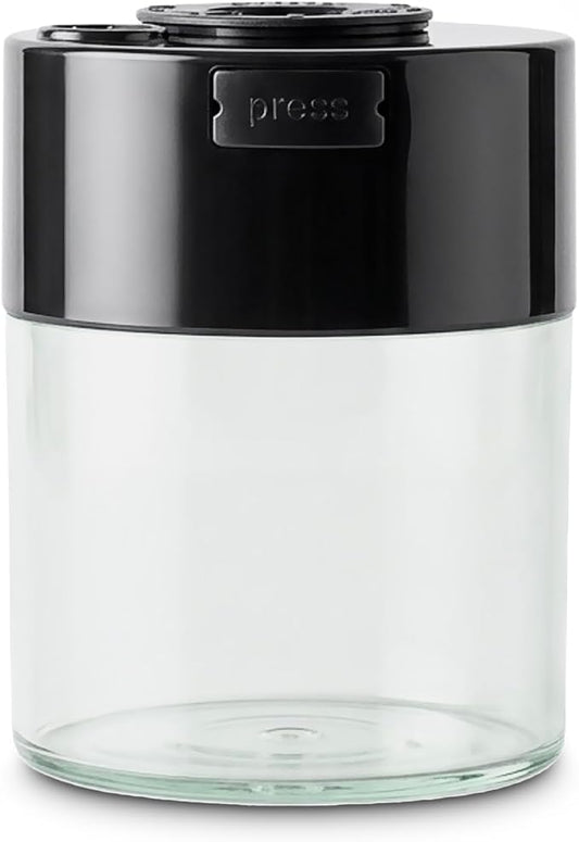 COFFEEVAC Pump It Out Airtight Coffee Container – Vacuum Storage Container for Ground Coffee Beans – Patented Vacuum Seal with Degassing Valve, 1/2 lb, Black/Clear