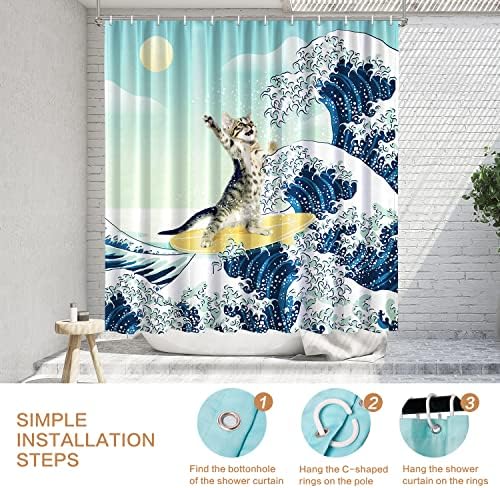 Funny Cat Shower Curtain, Surfer Cat Shower Curtain Battle Blue Ocean Great Wave for Bathroom with 12 Hooks, Polyester Fabric Summer Shower Curtains Set Waterproof Kids Bath ShowerCurtain Decorative