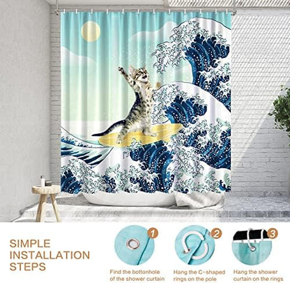 Funny Cat Shower Curtain, Surfer Cat Shower Curtain Battle Blue Ocean Great Wave for Bathroom with 12 Hooks, Polyester Fabric Summer Shower Curtains Set Waterproof Kids Bath ShowerCurtain Decorative