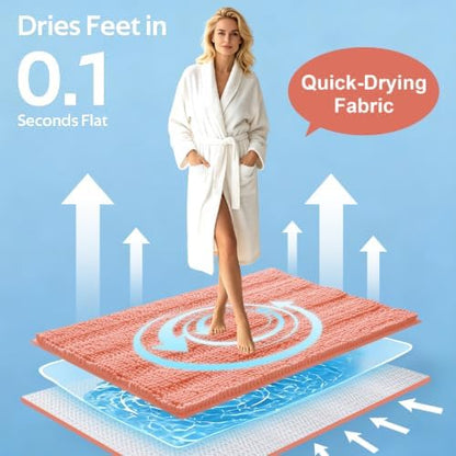 ACCUMTEK Striped Coral Bathroom Rug Mat Set 2 piece 24"x17"+48"x20" Ultra Soft, Non Slip Chenille Bath Rugs, Absorbent Plush Shaggy Bath Mats for Bathroom, Bedroom, Kitchen, Shower, Tub