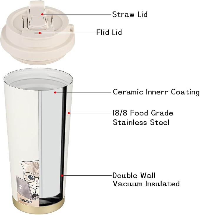 Funkrin Coffee Travel Mug with Flip Lid, 16oz Insulated Tumbler Cup with Ceramic Coating, Double Wall Vacuum Leak-Proof Tumbler for Office School Party Camping