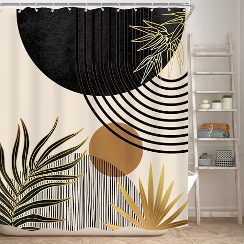 Mid Century Black Gold Boho Abstract Modern Bathroom Shower Curtain Set
