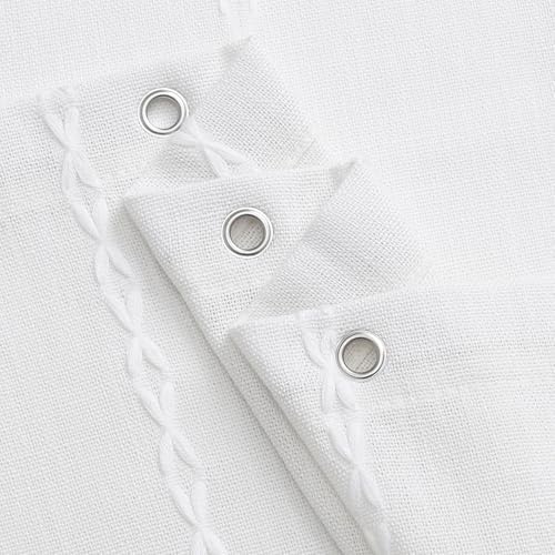 Boho Farmhouse Tassel Linen Shower Curtain,3D Embroidery Stripe White,72x78