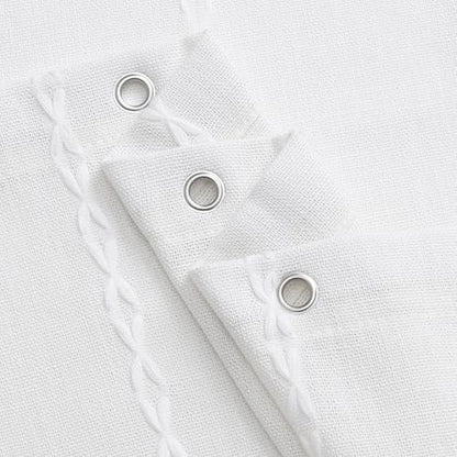 Boho Farmhouse Tassel Linen Shower Curtain,3D Embroidery Stripe White,72x78