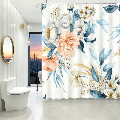 Floral Flower Fabric Shower Curtain with 12 Hooks, 120GSM, 72x72