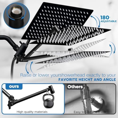 Shower Head,12”Rain Shower Head with Handheld Spray Combo with 11'' Angle Adjustable Extension Arm/Flow Regulator/Shower System,High Pressure Rainfall Shower Head Clean Bathroom,Matt Black