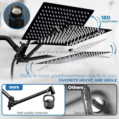 Shower Head,12”Rain Shower Head with Handheld Spray Combo with 11'' Angle Adjustable Extension Arm/Flow Regulator/Shower System,High Pressure Rainfall Shower Head Clean Bathroom,Matt Black