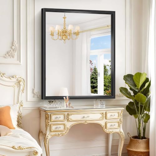 Bathroom Mirror, 42 x 36 Inch Brushed Black Rectangle Mirror, 0.6" Thickened Deep Frame Mirrors for Wall Over Sink, Shatterproof Tempered Glass, Antirust, Horizontally or Vertically