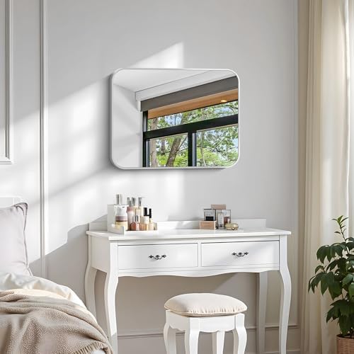 Silver Bathroom Mirror, 18 x 24 Inch Rectangle Mirrors for Wall, Rounded Corner Metal Framed Wall Mounted Mirror for Over Sinks Living Room Bedroom Entryway Hangs Horizontal/Vertical
