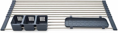 Expandable 304 Stainless Steel Roll Up Dish Drying Rack Over the Sink, Foldable Kichen Sink Drainer, Heat Resistant Space Saving Design