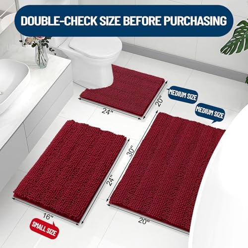 Grandaily Chenille Striped Bathroom Rugs 24x16, Extra Thick and Absorbent Bath Mats, Non-Slip Soft Plush Shaggy Shower Carpet, Machine Wash Dry, Bath Rug for Bathroom, (Small, Red)