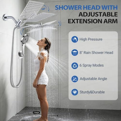 Shower Head, Rain Shower Head with Handheld Spray Combo, 8 Inch Adjustable High Pressure Rainfall Shower Head, Dual Showerhead Set with Extension Arm