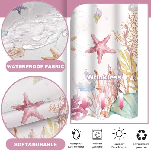 No Hook Shower Curtain and Liner Set, Watercolor Pink Beach Coastal 71x74