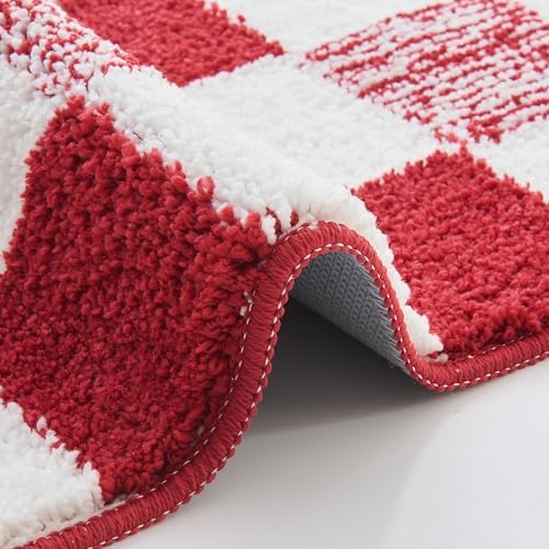 CozeCube Christmas Red Checkered Bath Mat 32"x20" Non Slip Washable Rug