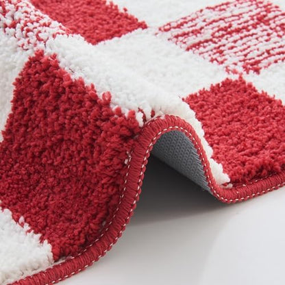 CozeCube Christmas Red Checkered Bath Mat 24"x16" Non Slip Washable Rug