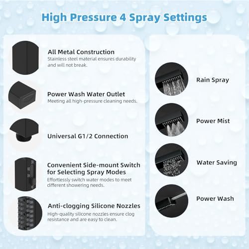 Hibbent All Metal CUPC Certified 10'' Rainfall Shower Head, Dual Shower Head Combo, High Pressure Handheld 4 Sprays Shower Wand, 16'' Adjustable Extension Arm, 71'' Hose, Shower Holder, Matte Black