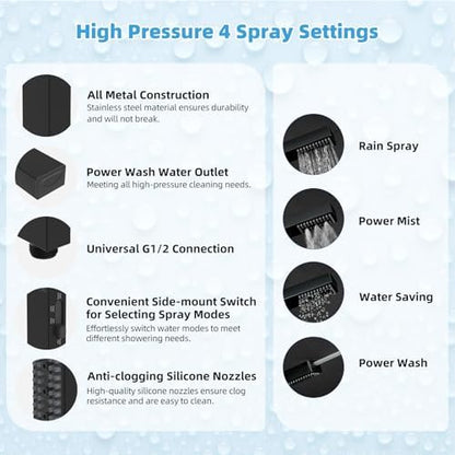 Hibbent All Metal CUPC Certified 10'' Rainfall Shower Head, Dual Shower Head Combo, High Pressure Handheld 4 Sprays Shower Wand, 16'' Adjustable Extension Arm, 71'' Hose, Shower Holder, Matte Black