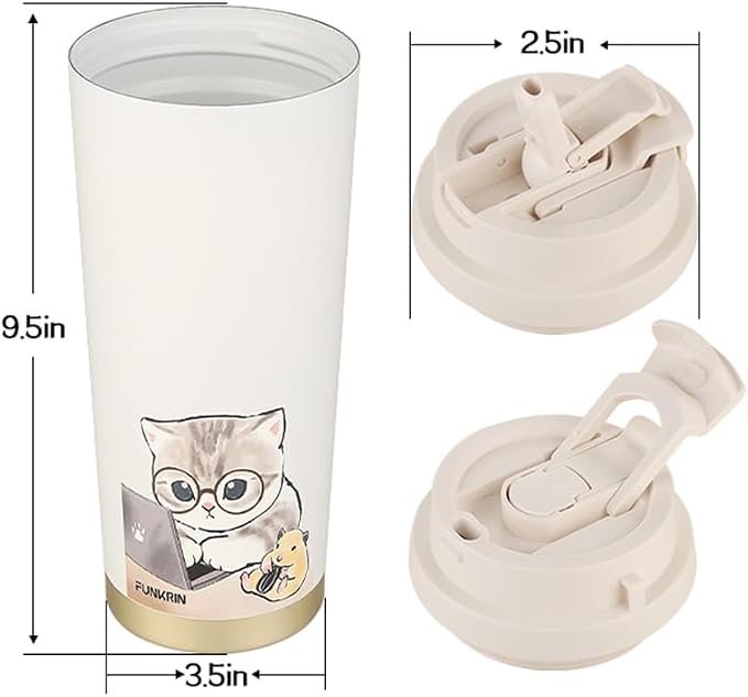 Funkrin Coffee Travel Mug with Flip Lid, 16oz Insulated Tumbler Cup with Ceramic Coating, Double Wall Vacuum Leak-Proof Tumbler for Office School Party Camping
