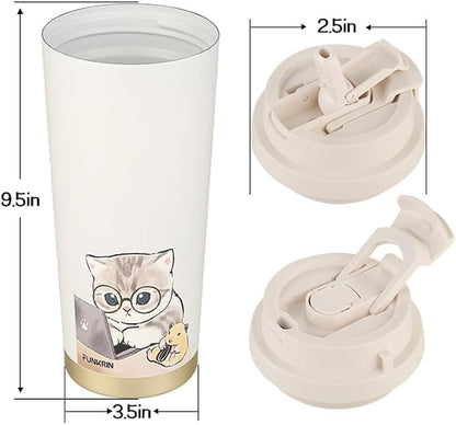 Funkrin Coffee Travel Mug with Flip Lid, 16oz Insulated Tumbler Cup with Ceramic Coating, Double Wall Vacuum Leak-Proof Tumbler for Office School Party Camping