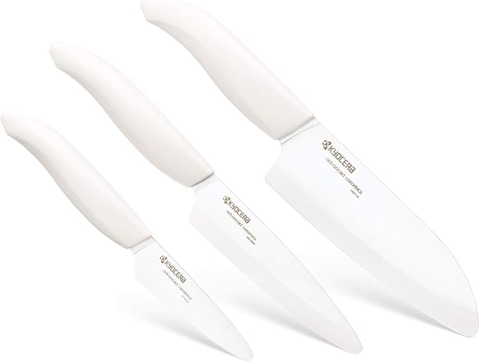 Kyocera 3Piece Advanced ceramic Revolution Series Knife Set, White, Blade Sizes: 5.5", 4.5", 3"