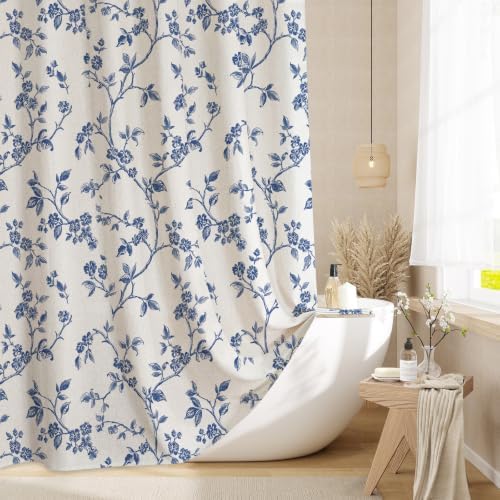 MitoVilla Navy Blue Linen Floral Shower Curtain for Bathroom, 72 x 72